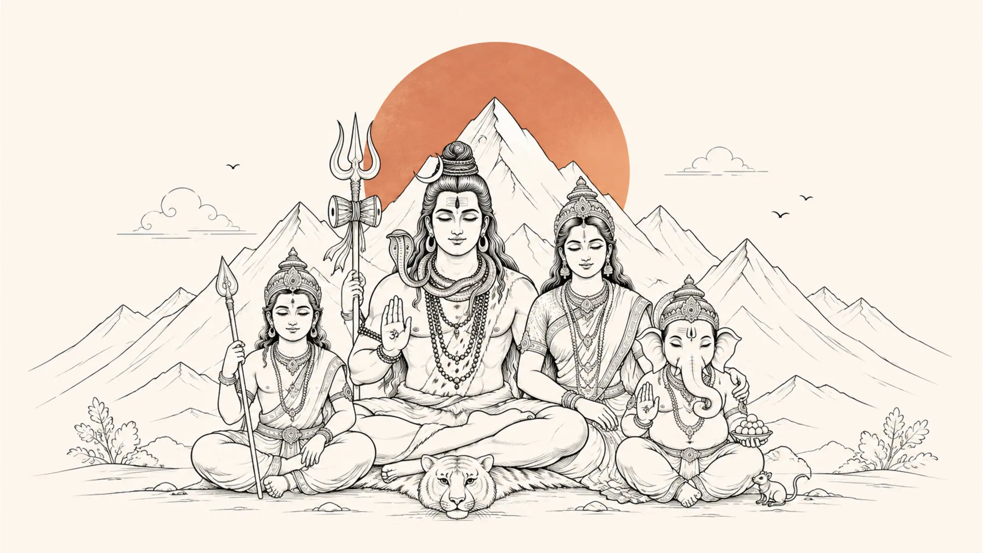 Abstract minimal line art of the Shiva Parvati family meditating together in a peaceful mountain setting with a soft sun background.