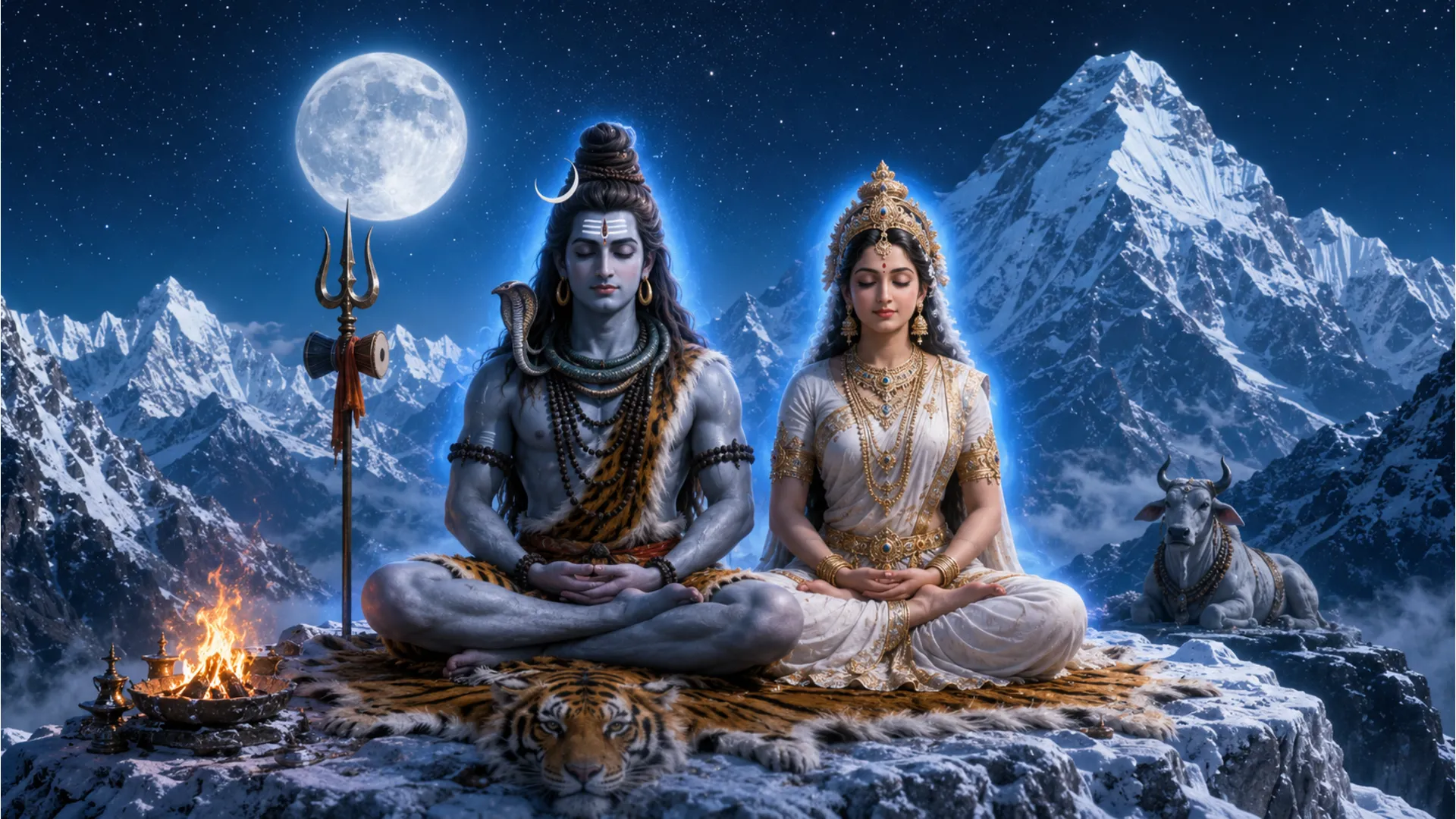 Peaceful digital painting of Shiva and Parvati meditating together on snow-capped Mount Kailash.