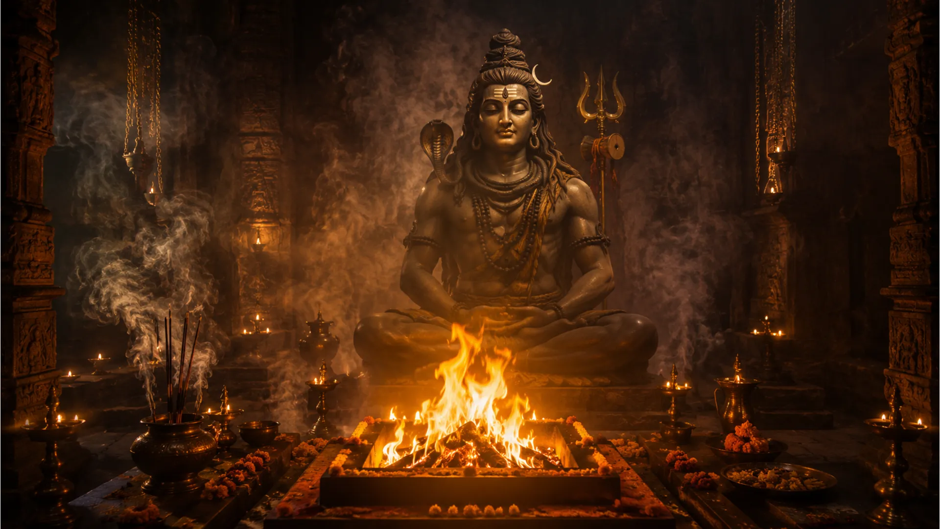 A priest performing a small havan fire ritual in front of a meditating Shiva idol in a sacred space