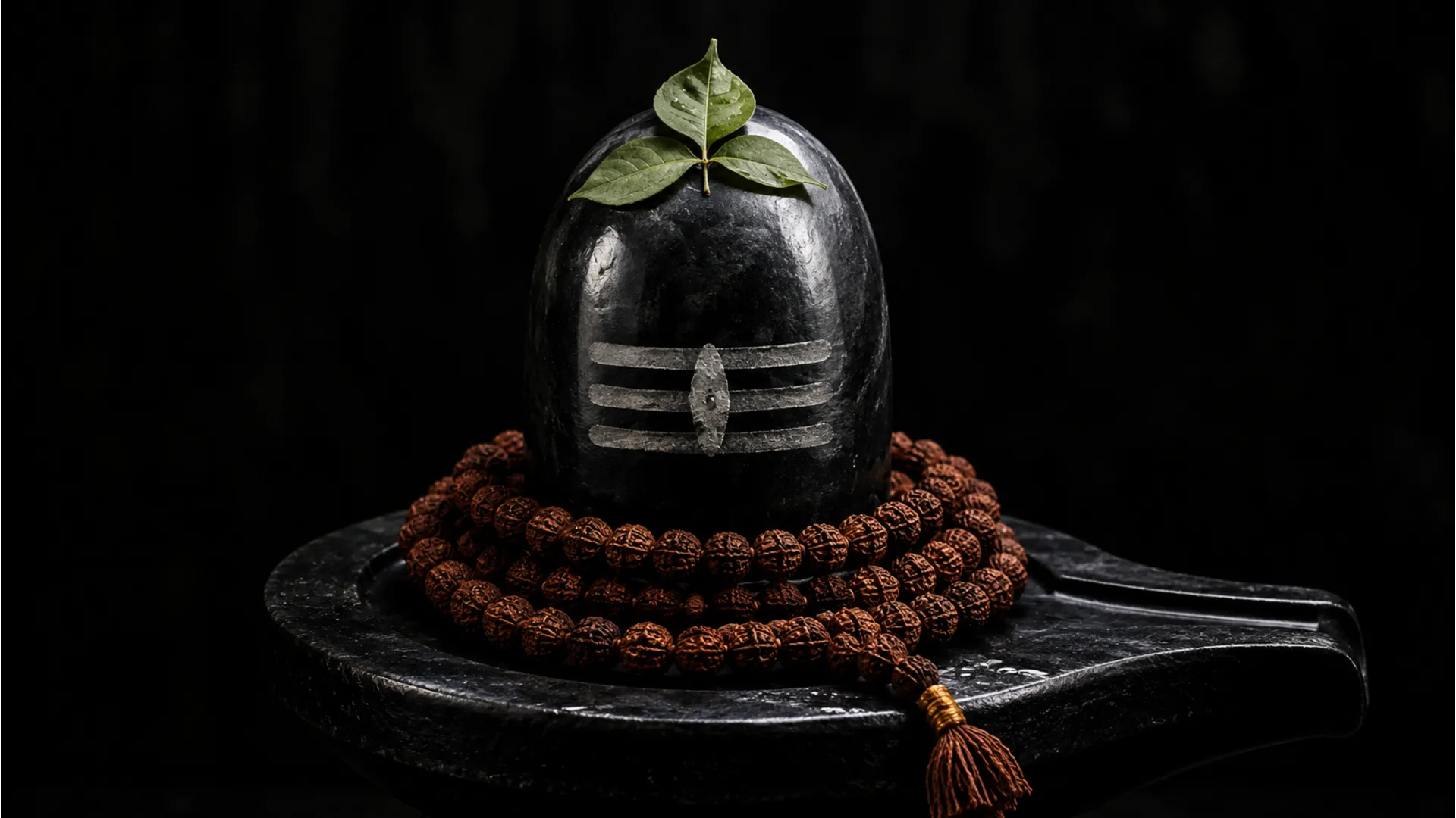 Dark black basalt Shivling wrapped with a traditional Rudraksha rosary mala.