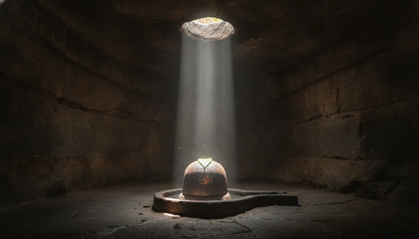 Peaceful meditative Omkareshwar shivling image inside a serene rock cave with a single light beam.