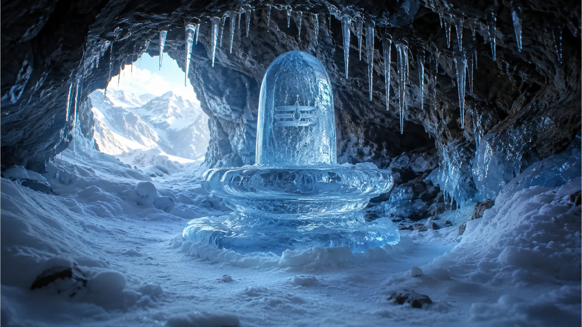 Natural ice formation resembling Mahadev Shivling inside a Himalayan cave.