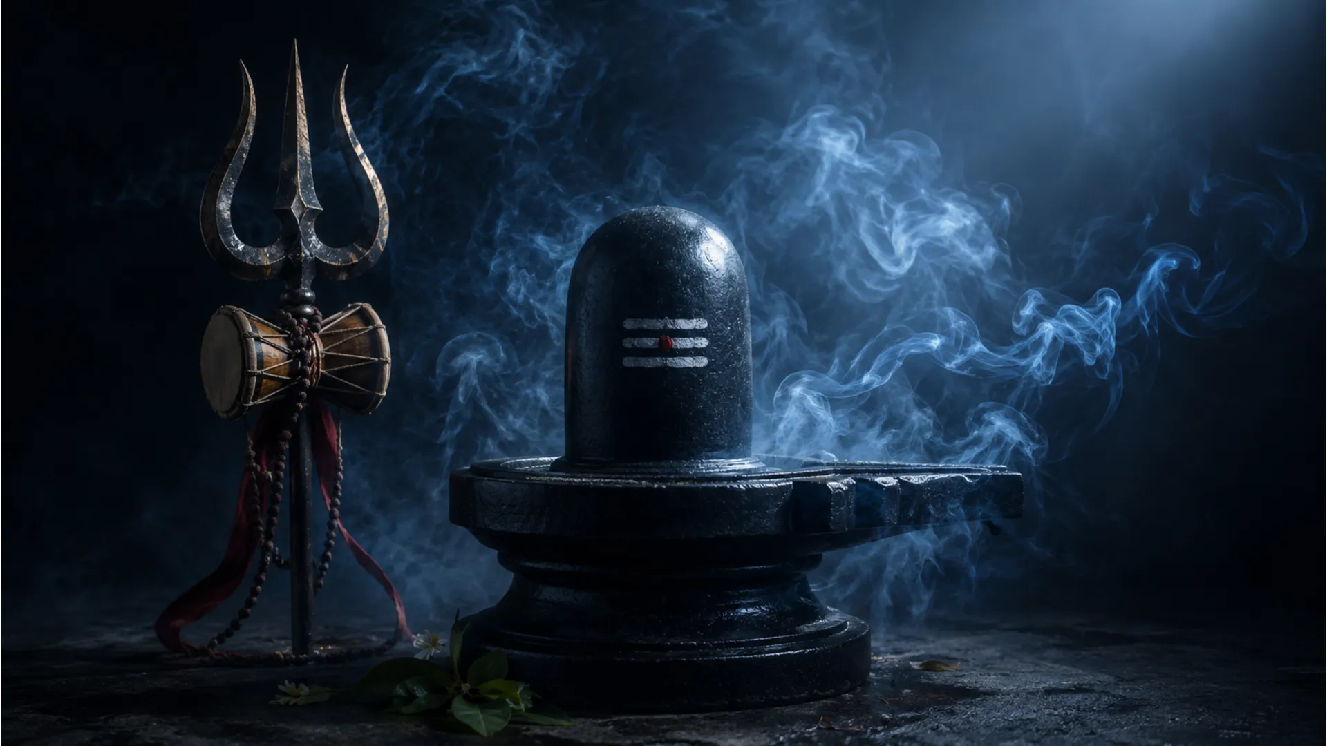 Full HD atmospheric image of a black stone Shivling surrounded by holy incense smoke and a glowing trishul.