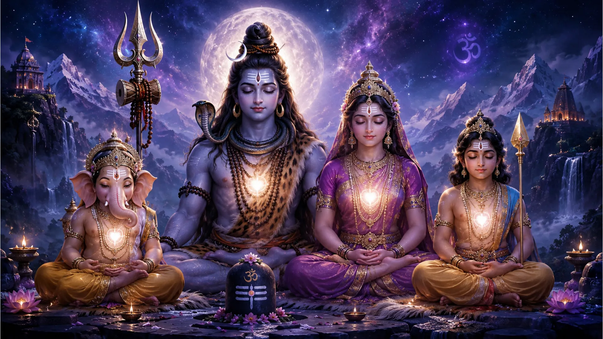 Deeply spiritual illustration of Shiva family locked in deep collective meditation