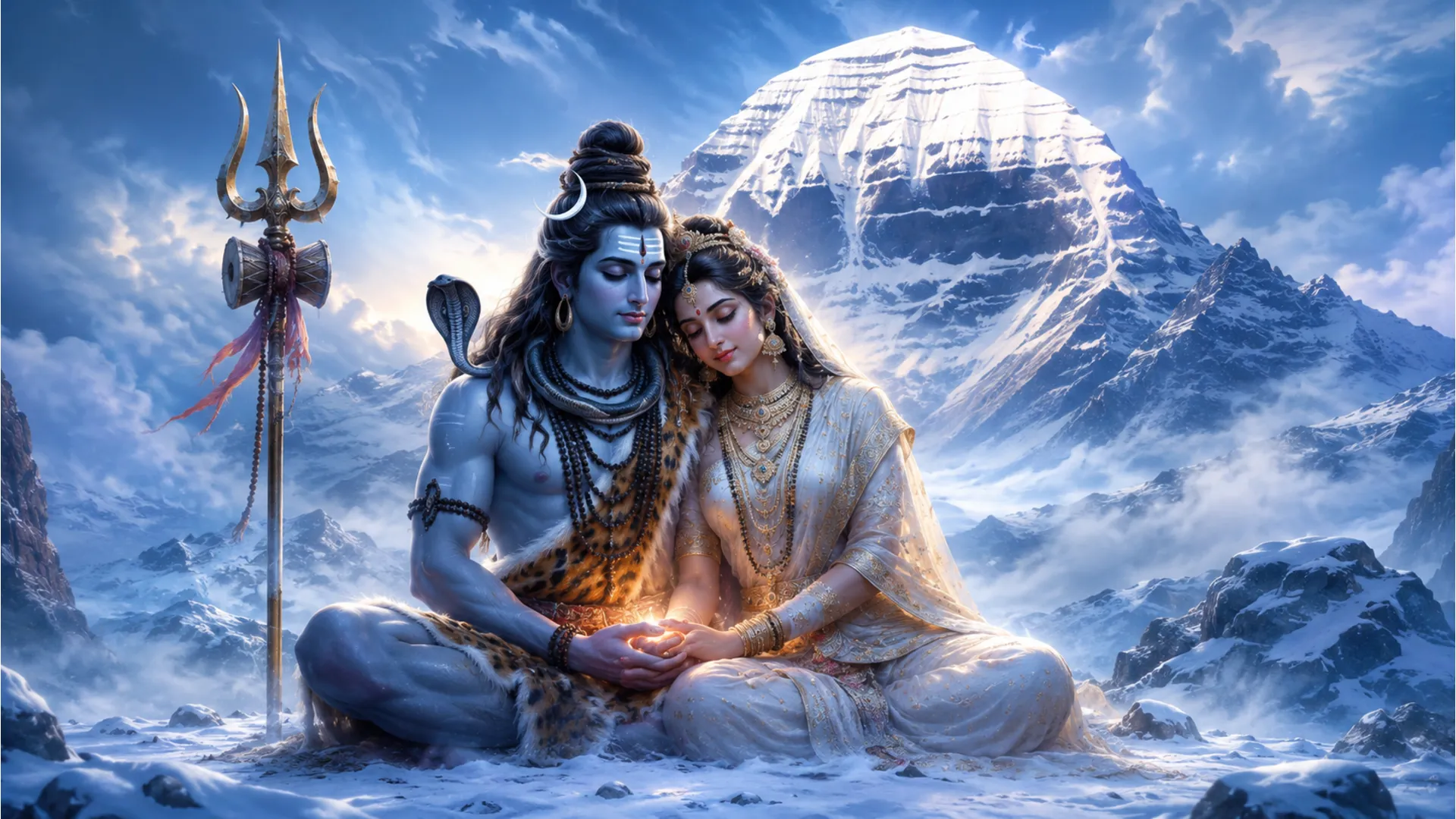 meditating shiva parvati holding hands snow mountains kailash background trishul symbol
