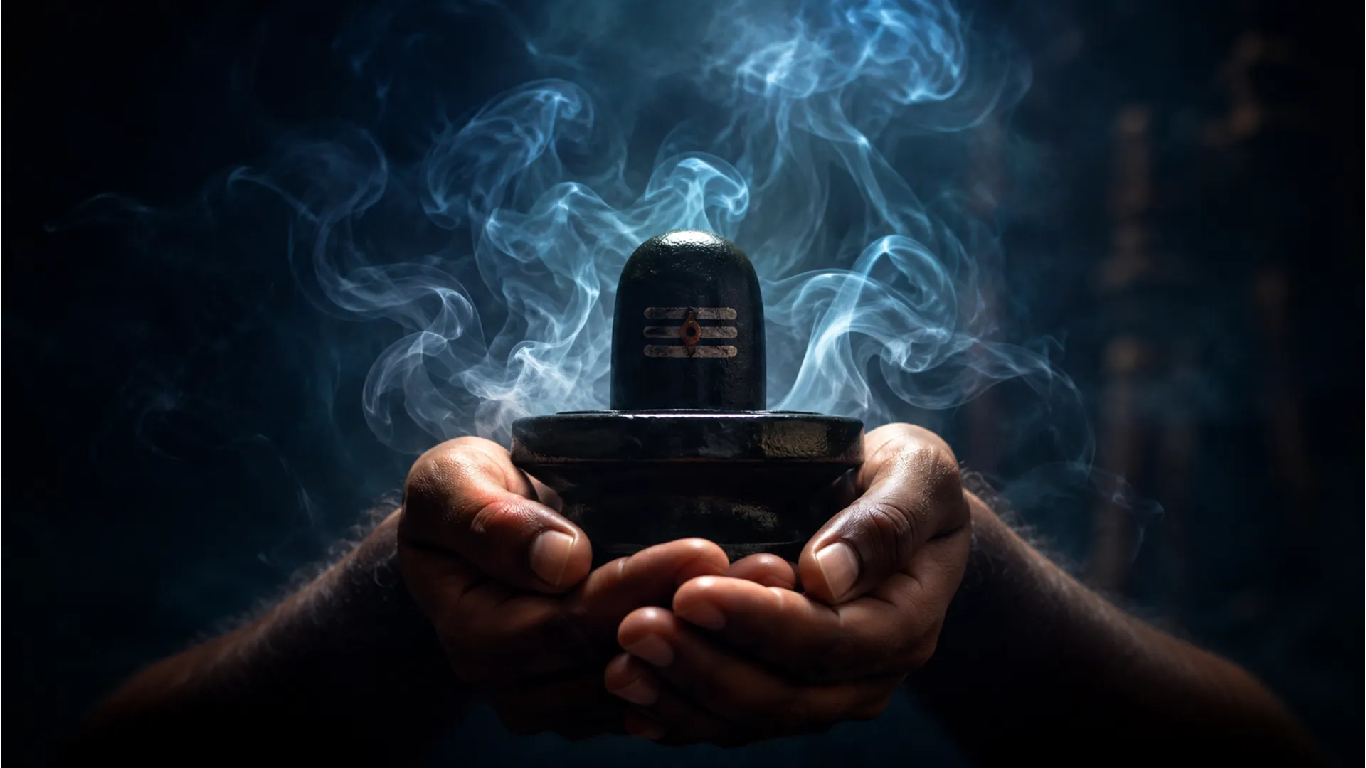 A dark stone Shivling held in hands surrounded by artistic swirls of dhoop incense smoke