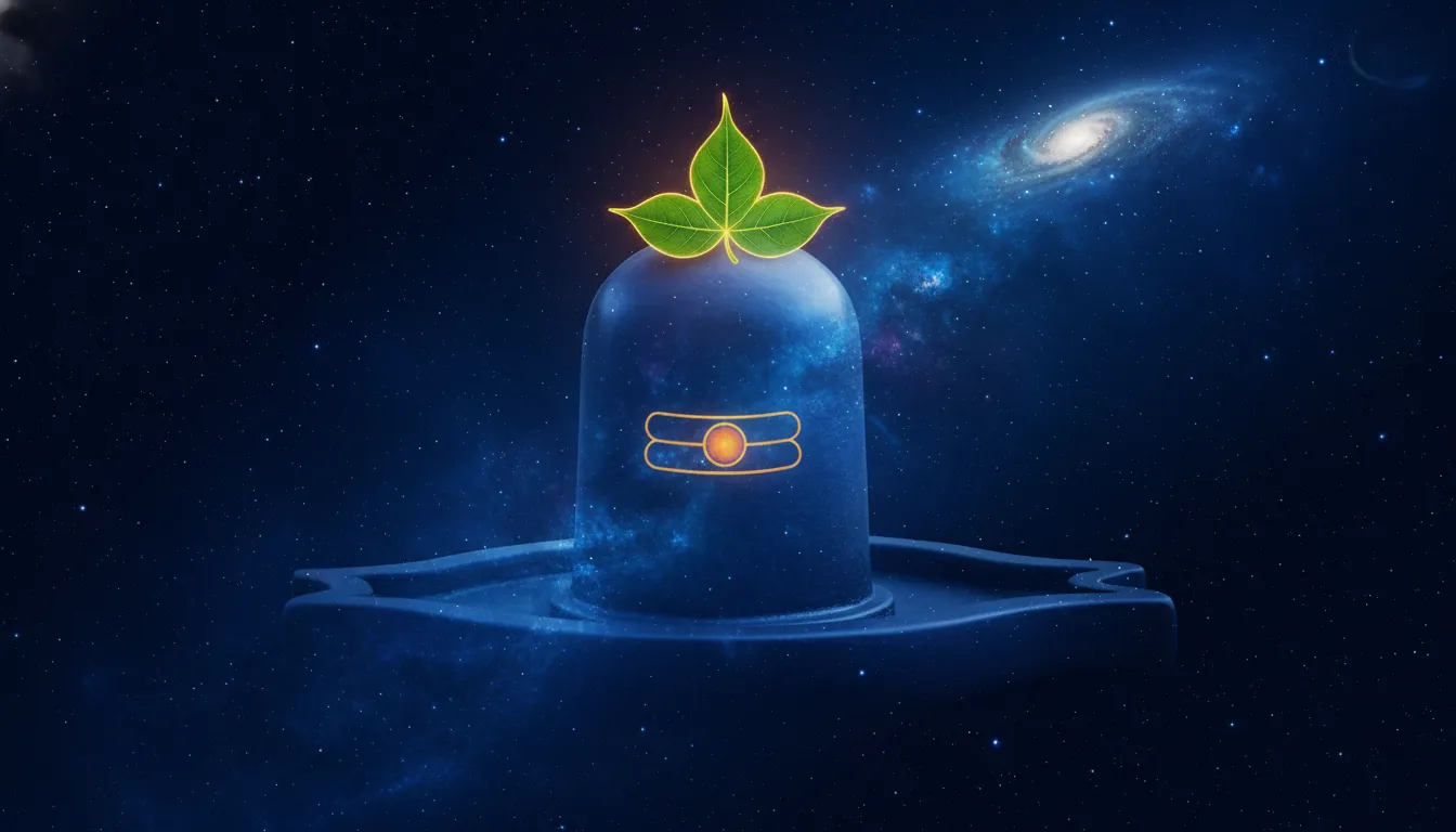 Cosmic midnight blue Shivling images with bili patra surrounded by soft light.