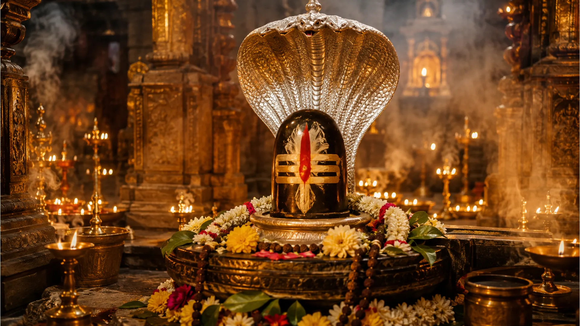 Full HD image of a stone Shivling being worshipped during midnight Maha Shivratri celebrations with oil lamps.