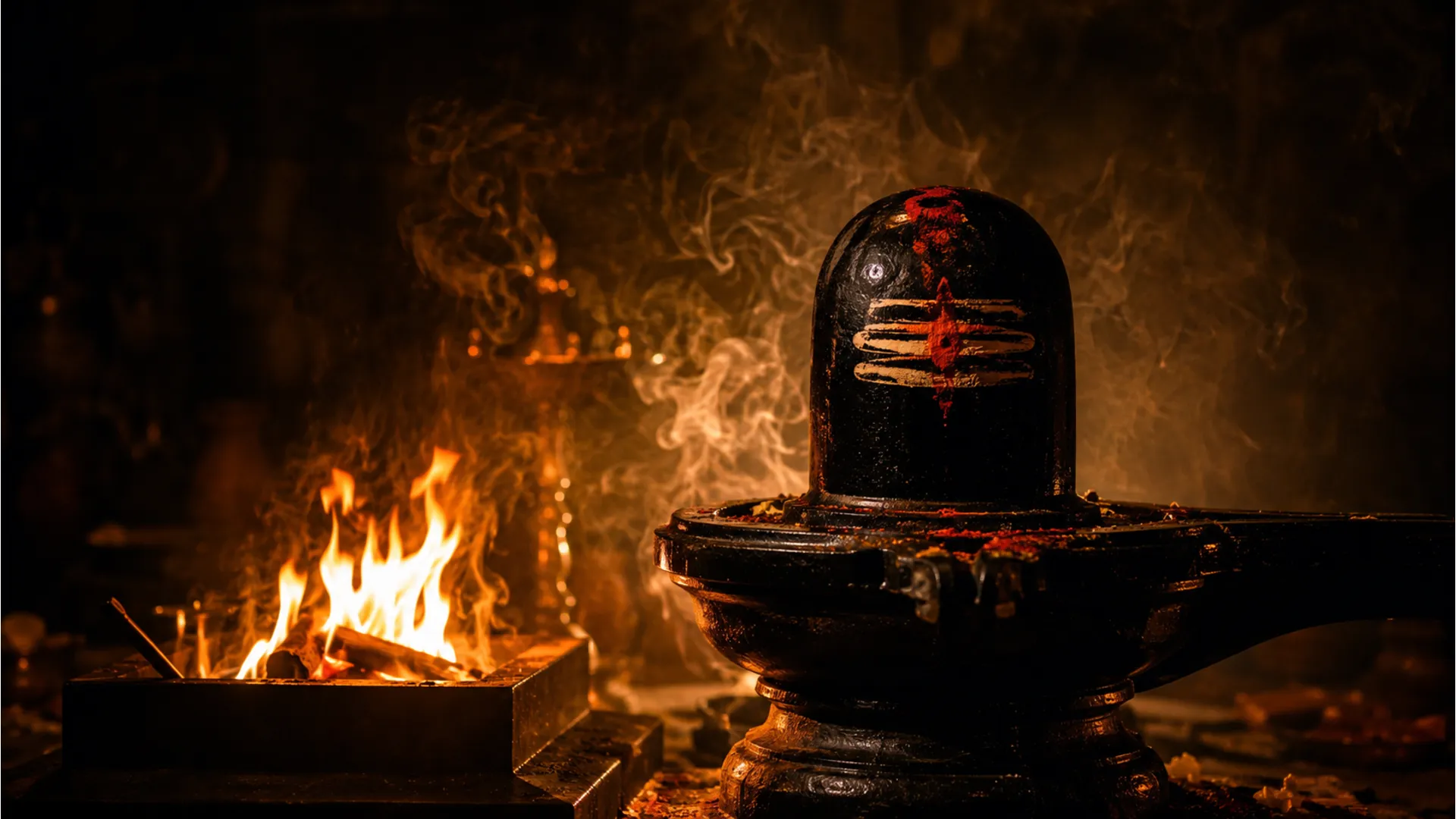 Dramatic midnight ritual Mahakal shivling images hd with holy fire and smoke.