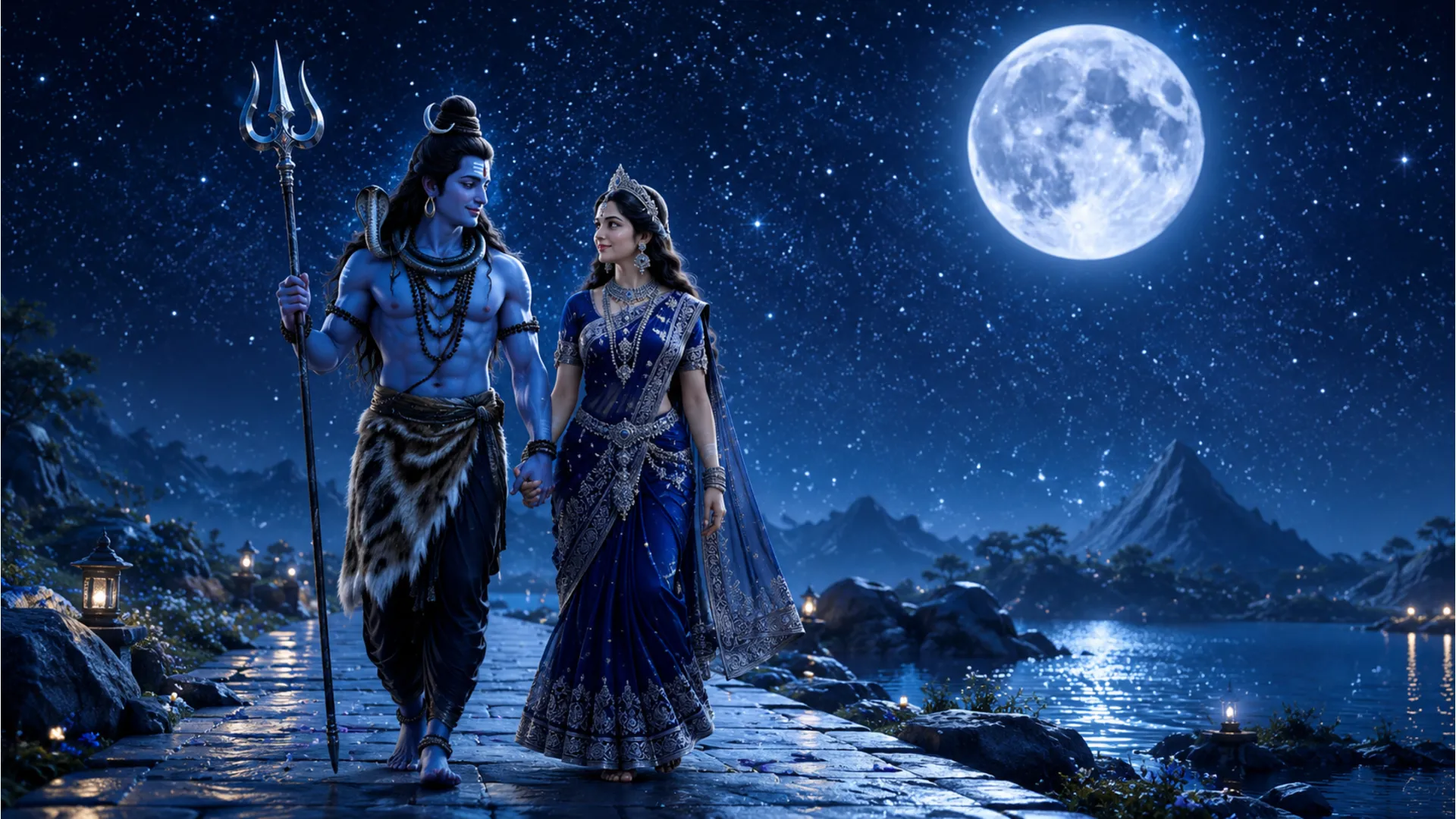 Devotional artwork of a divine couple walking hand in hand under a bright starry night sky and full moon.