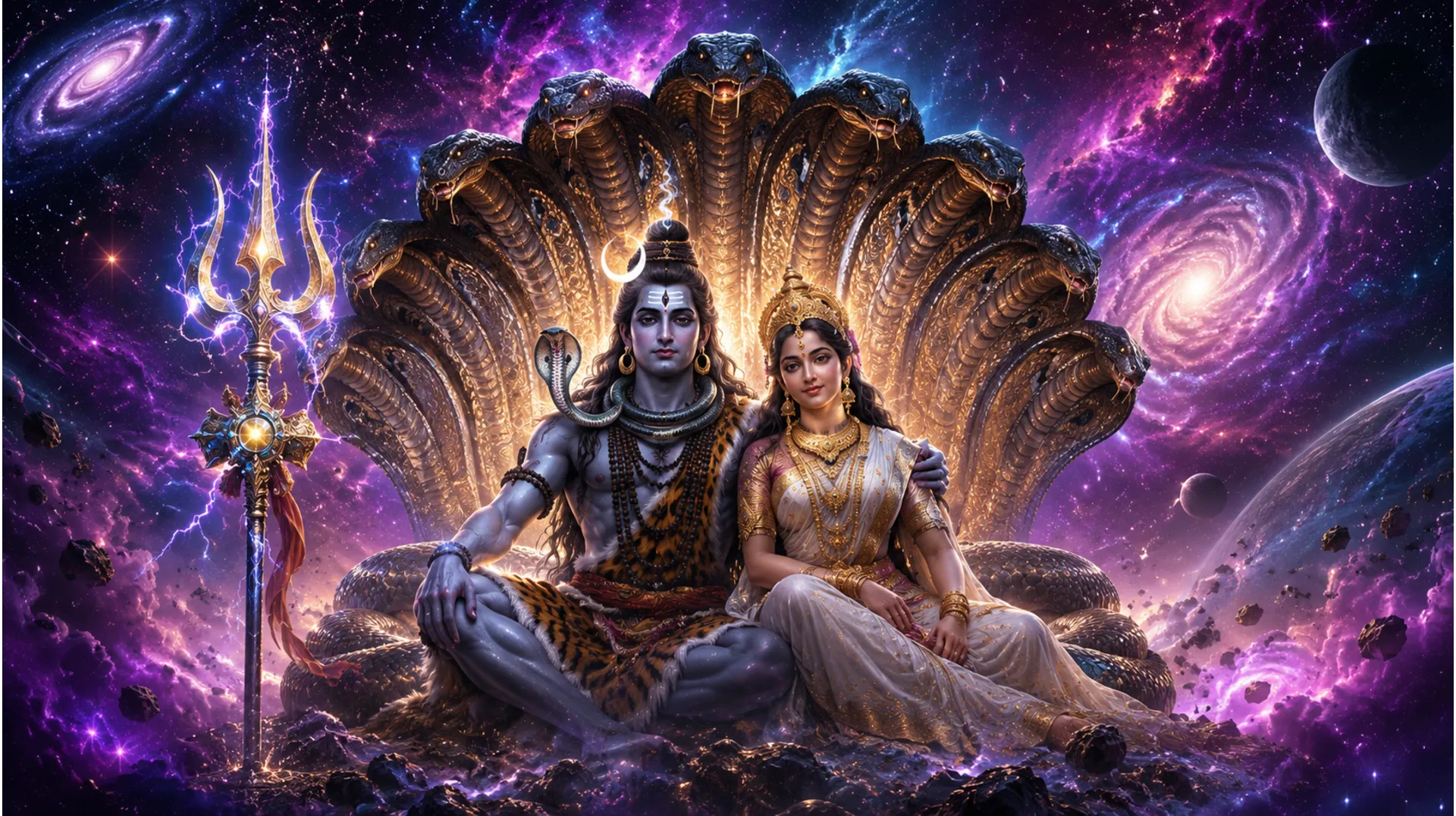 Shiva and Parvati protected by sacred symbols and Sheshnag in HD 4K.