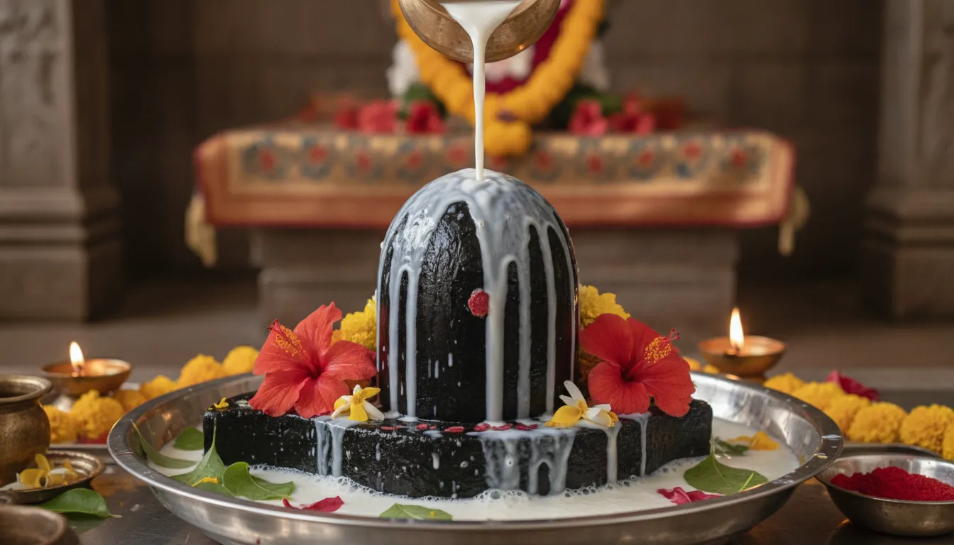 Spiritual ritual of pouring pure white milk over a black stone Shivling as a form of devotion