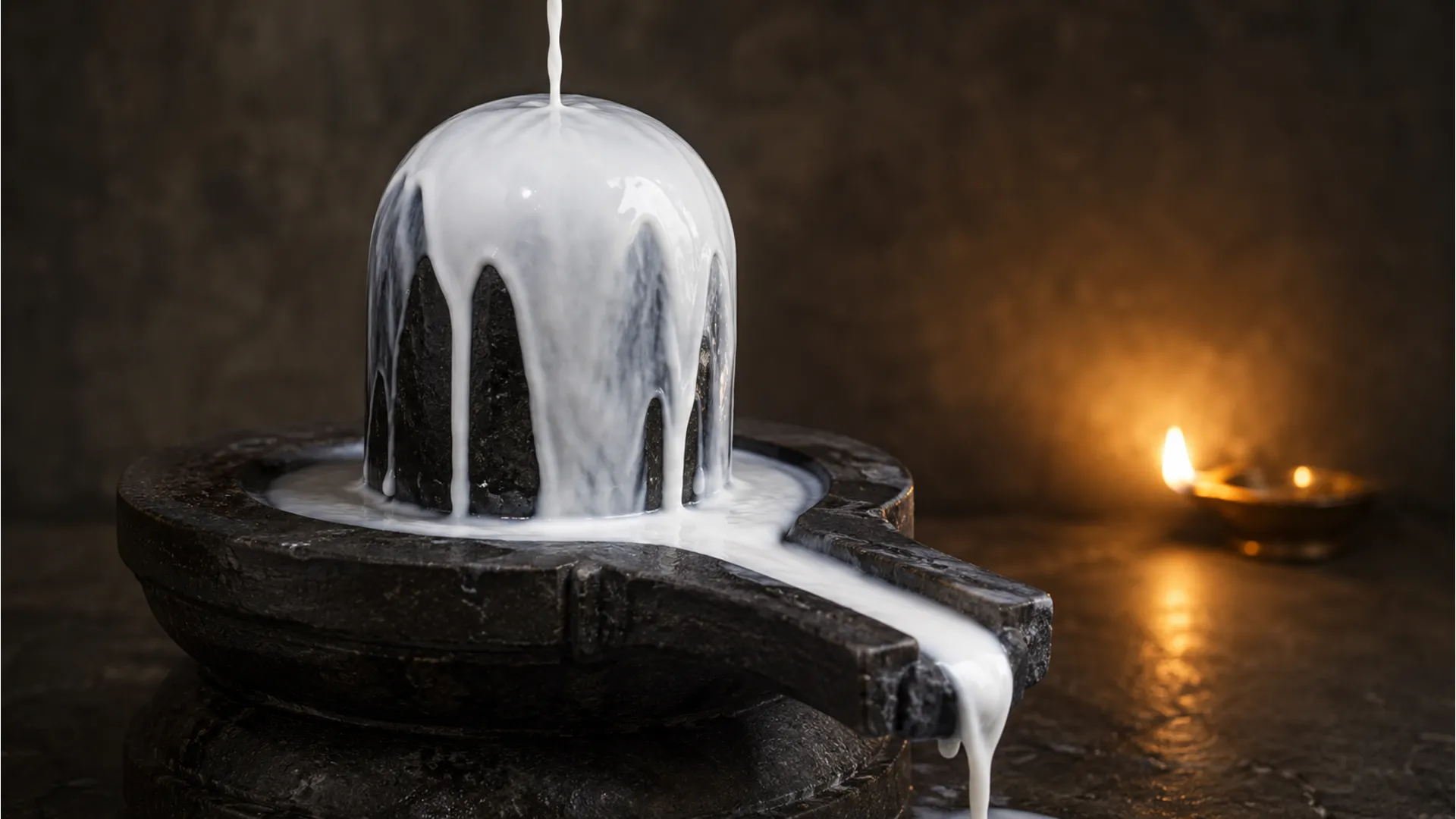 Thick white milk flowing over dark stone shivling structure