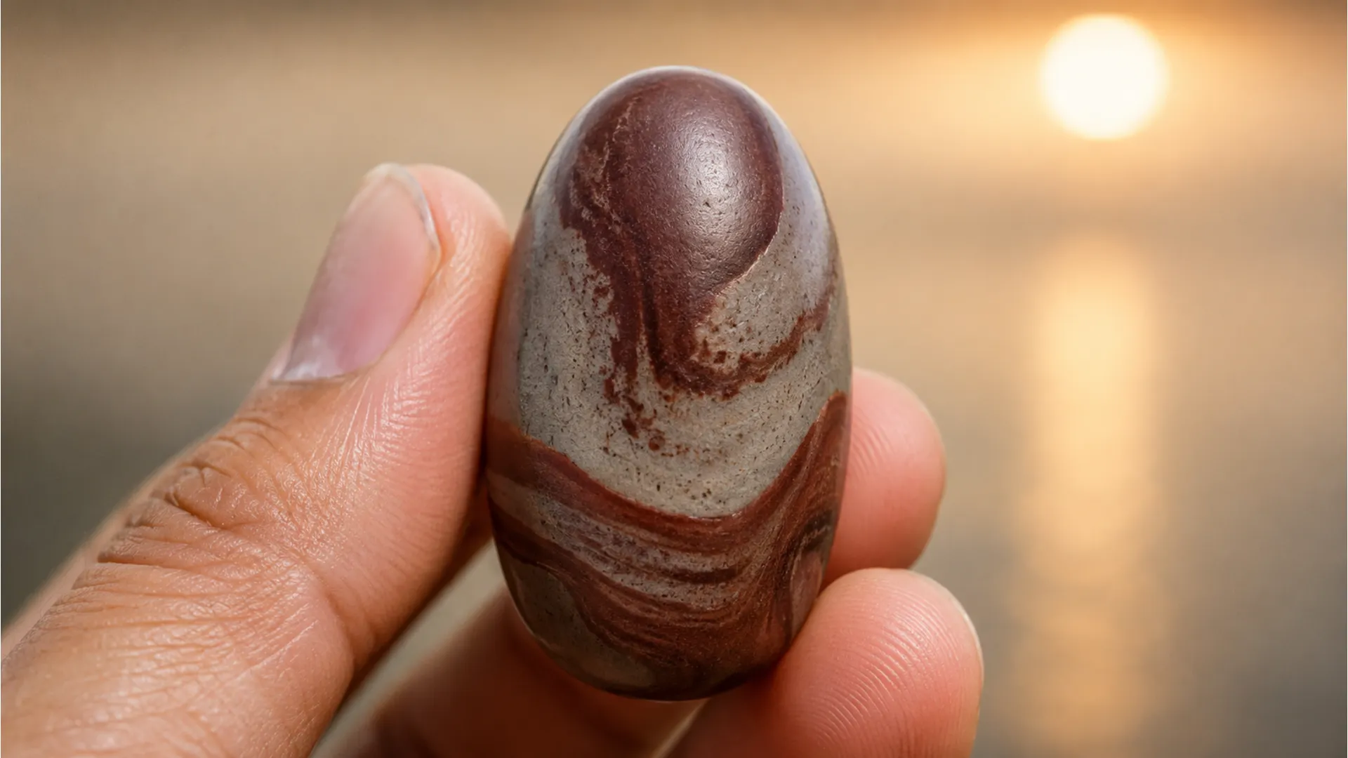 A natural smooth Narmadeshwar Shivling with unique brown patterns held in fingertips