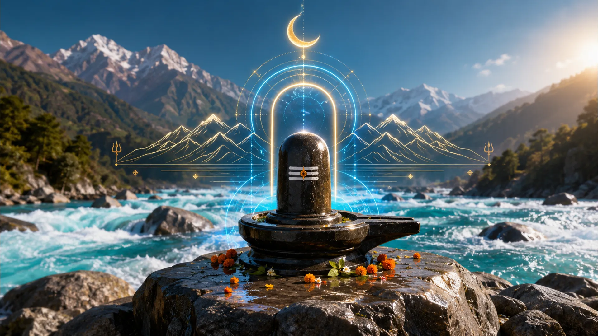 A modern minimalist graphic illustration of a glowing blue Shivling and a golden crescent moon.