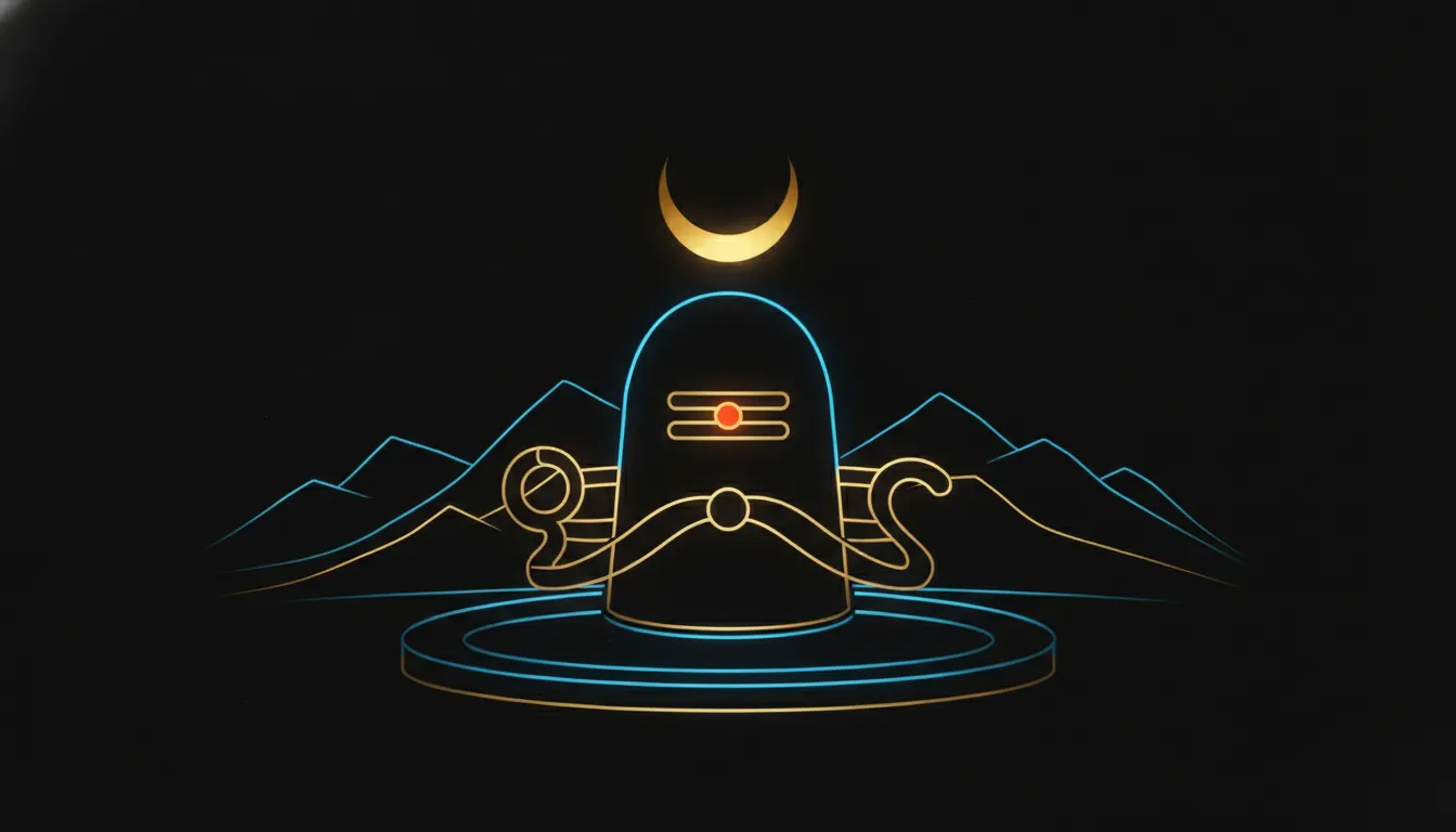 A modern minimalist graphic illustration of a glowing blue Shivling and a golden crescent moon.