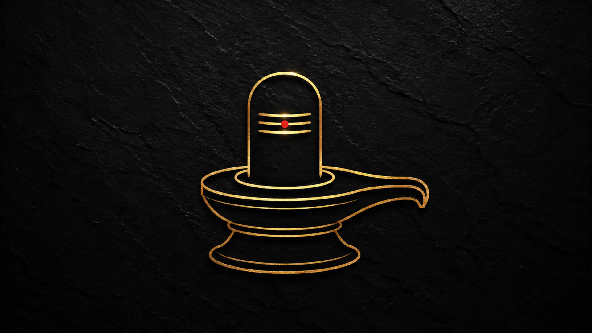 Minimalist Shivling line art painting on a dark black textured background with gold foil accents.