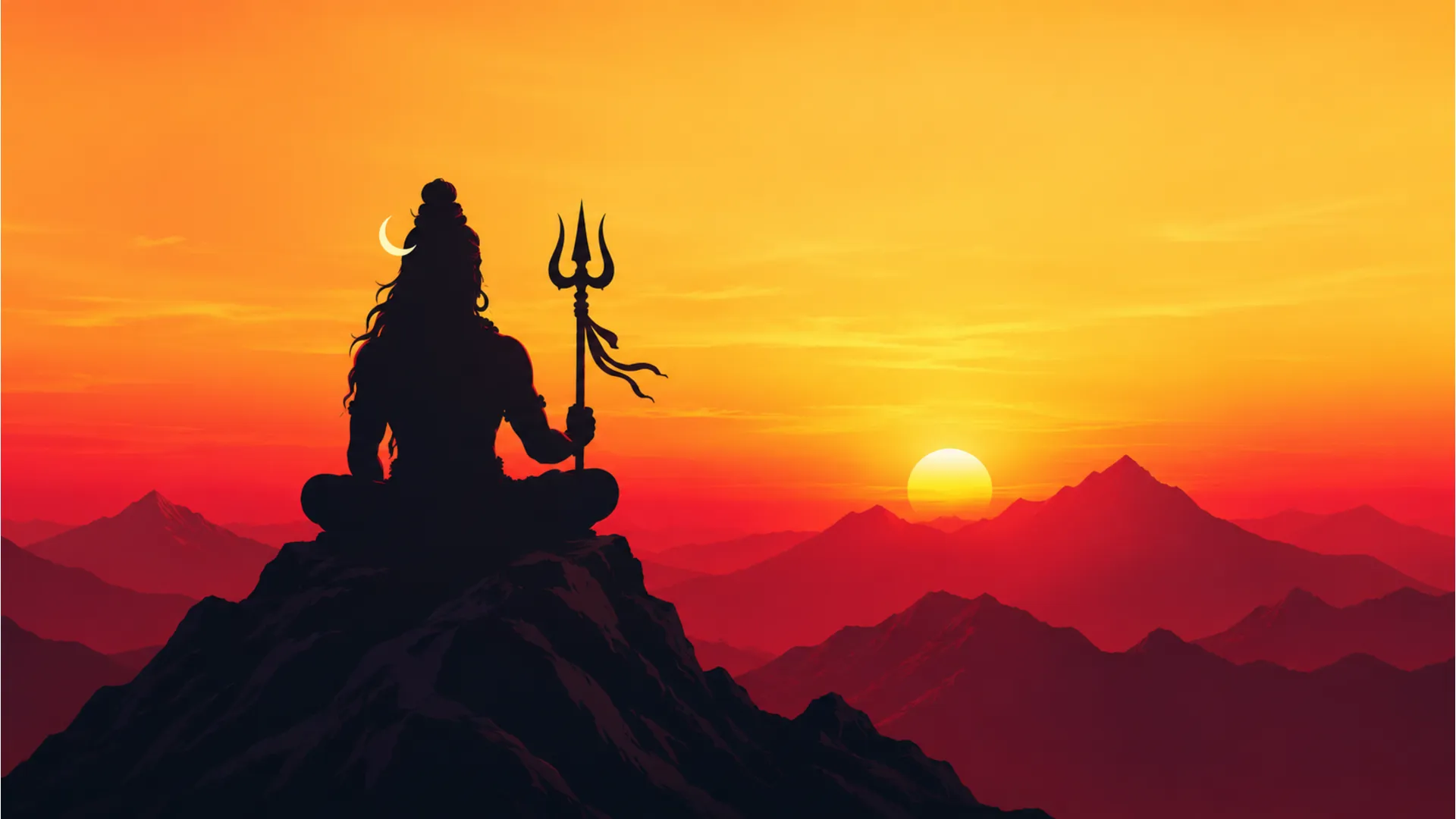 A clean minimalist silhouette of Lord Shiva against a breathtaking mountain sunrise.