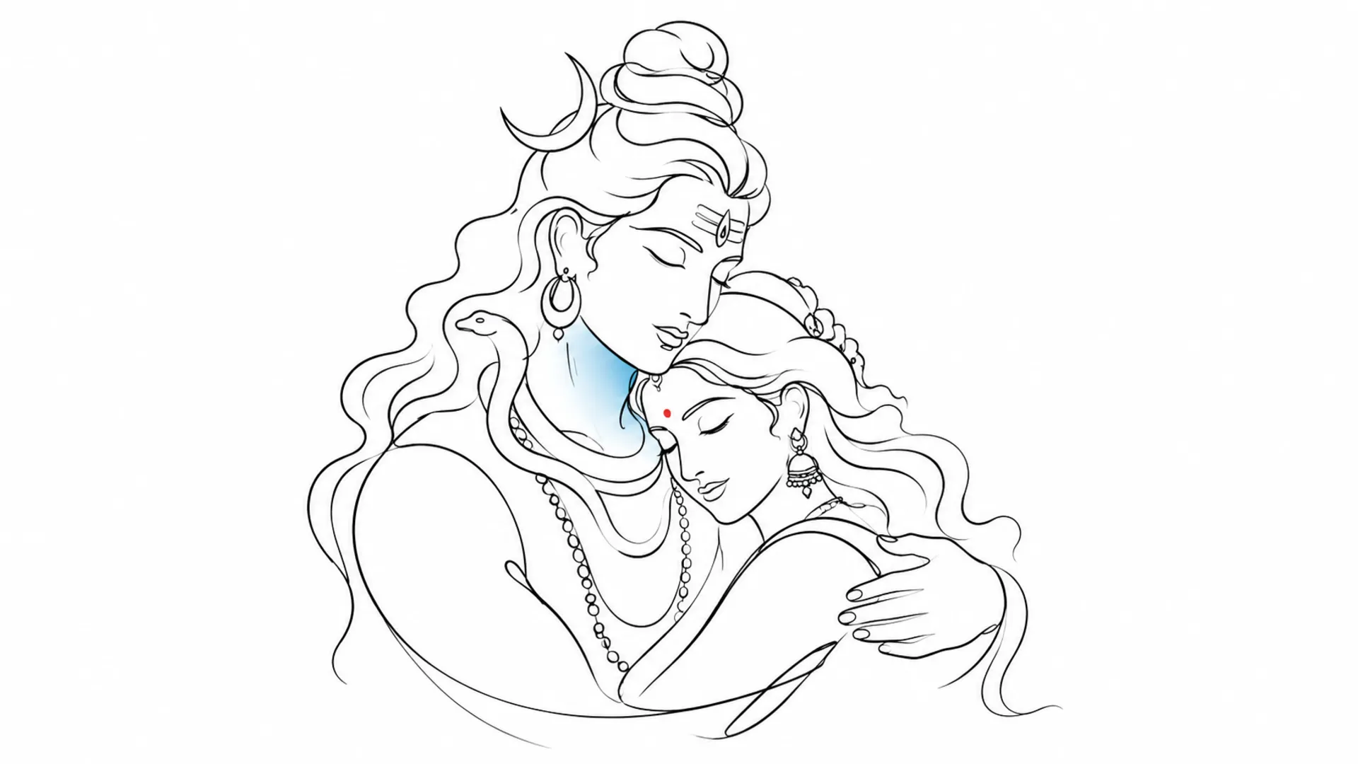 Minimalist single-line digital art of Shiva and Parvati embracing on a clean white background.