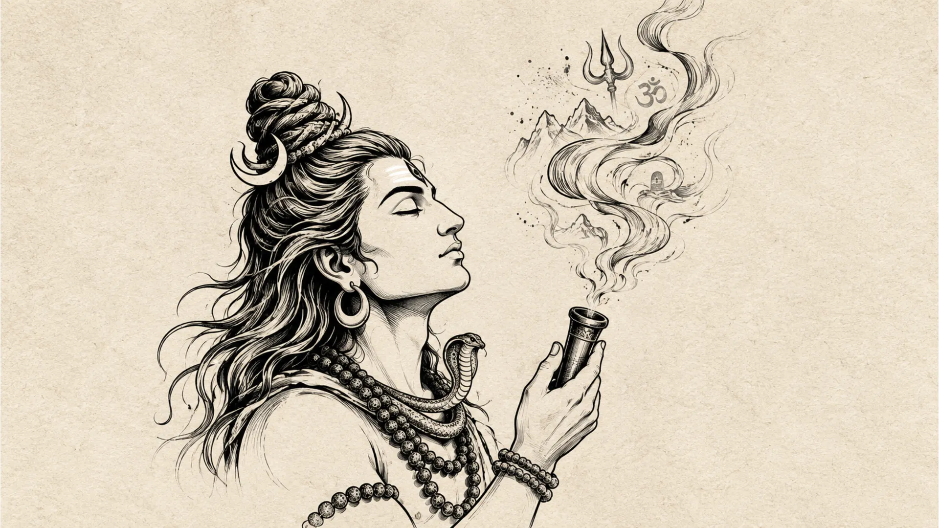 Minimalist sketch of har har mahadev ganja photo in black and white line art.