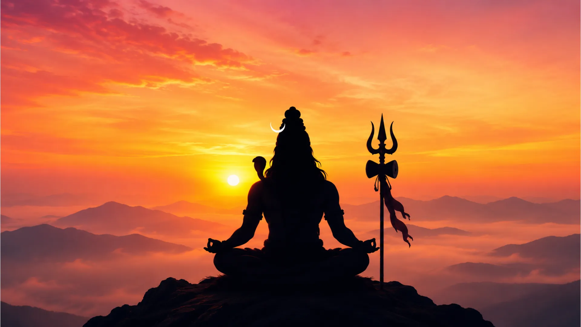 Minimalist silhouette of Lord Shiva against a beautiful sunrise sky, full hd photo