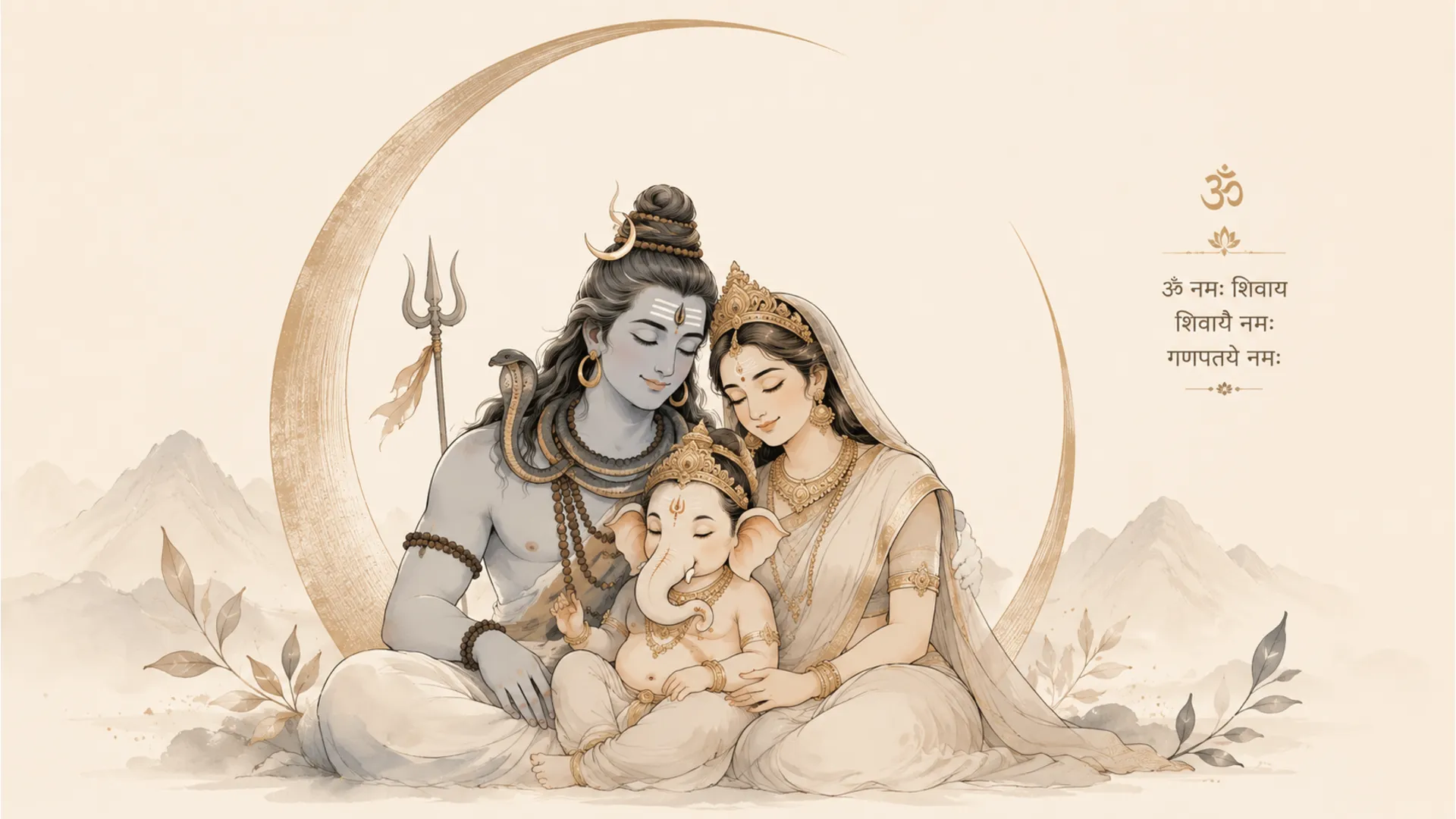 Linear art design showing the minimalistic outlines of the Shiva Parvati family resting under a stylized crescent moon on an off-white background.