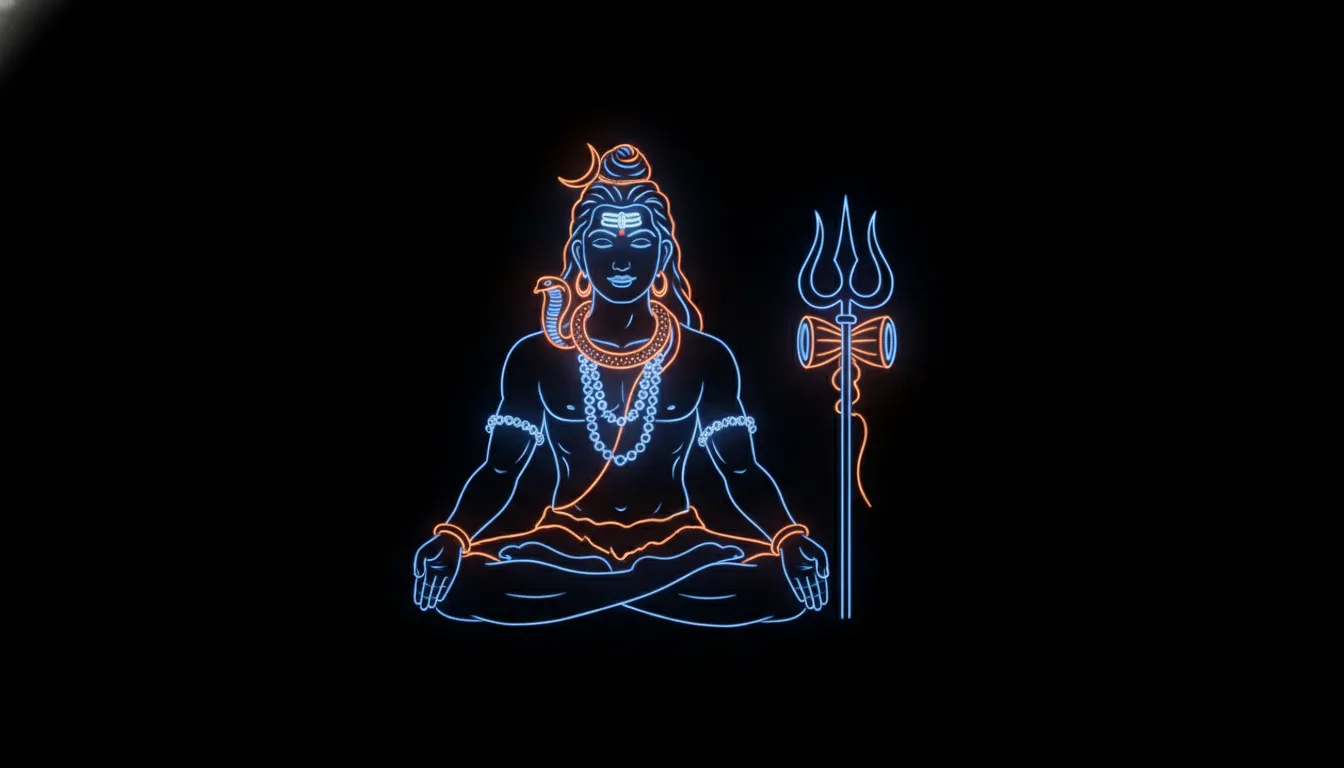 Modern minimalist Har Har Mahadev photo HD with a glowing neon silhouette of Lord Shiva.