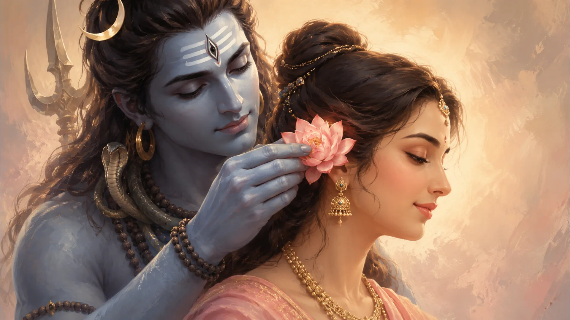 Minimalist pastel artwork showing Lord Shiva hands placing a single lotus flower into Goddess Parvati hair with subtle divine glow.