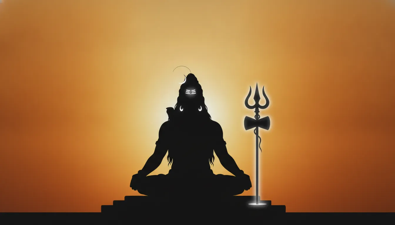A modern minimalist silhouette art of Lord Shiva against a glowing orange sun.