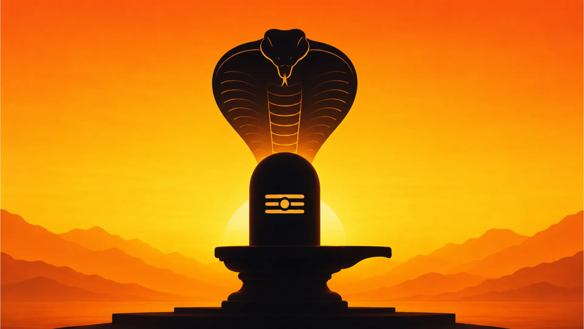 A minimalist silhouette artwork of a Shivling and a rising snake hood during sunrise