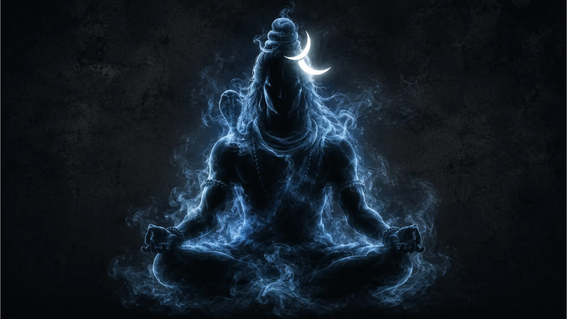 Abstract smoky silhouette of Lord Shiva meditating under a crescent moon.
