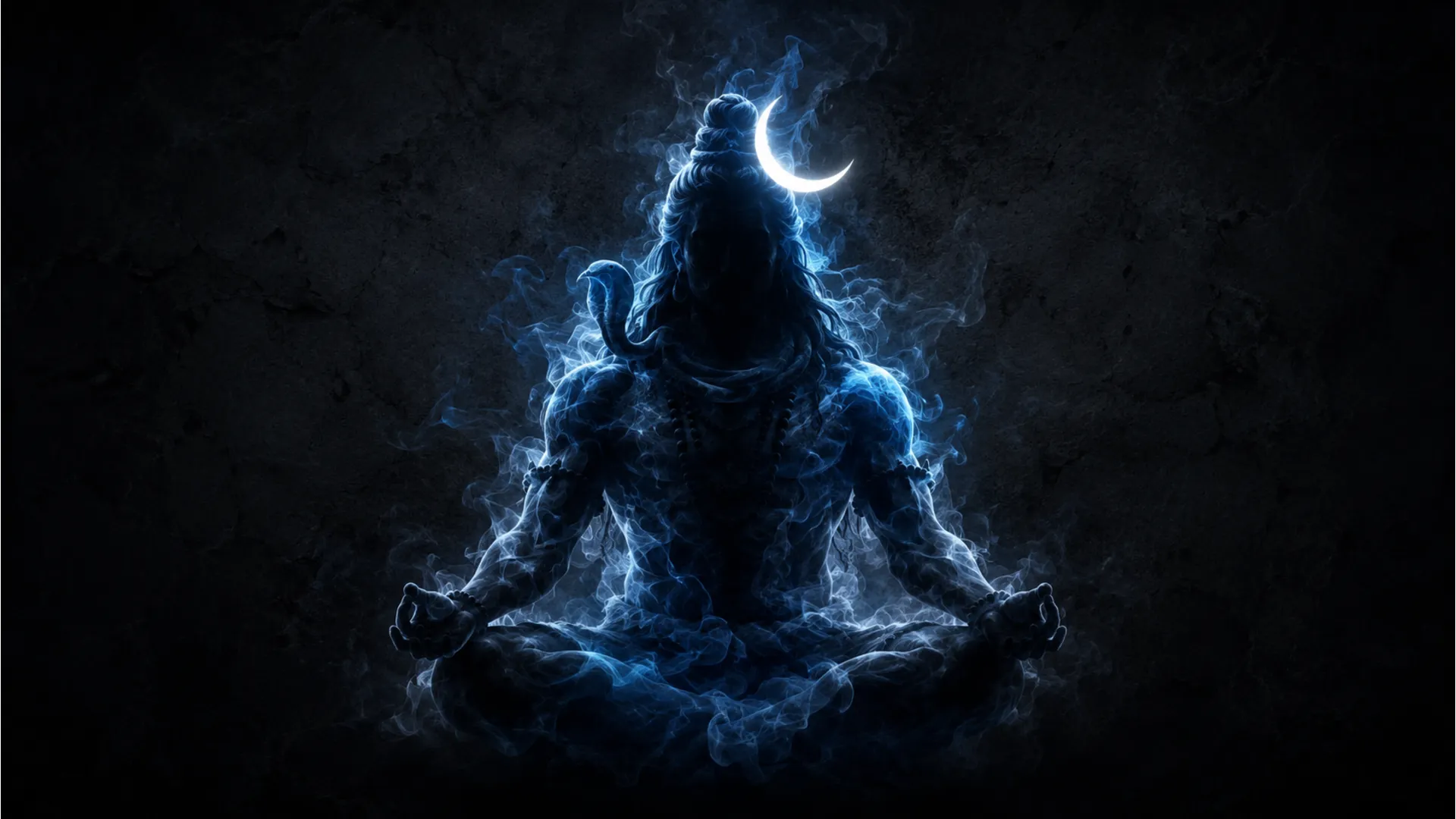 Abstract smoky silhouette of Lord Shiva meditating under a crescent moon.