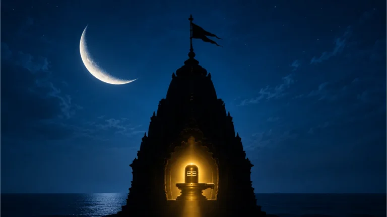 A minimalist digital art of Somnath temple spire silhouette with a glowing Shivling symbol
