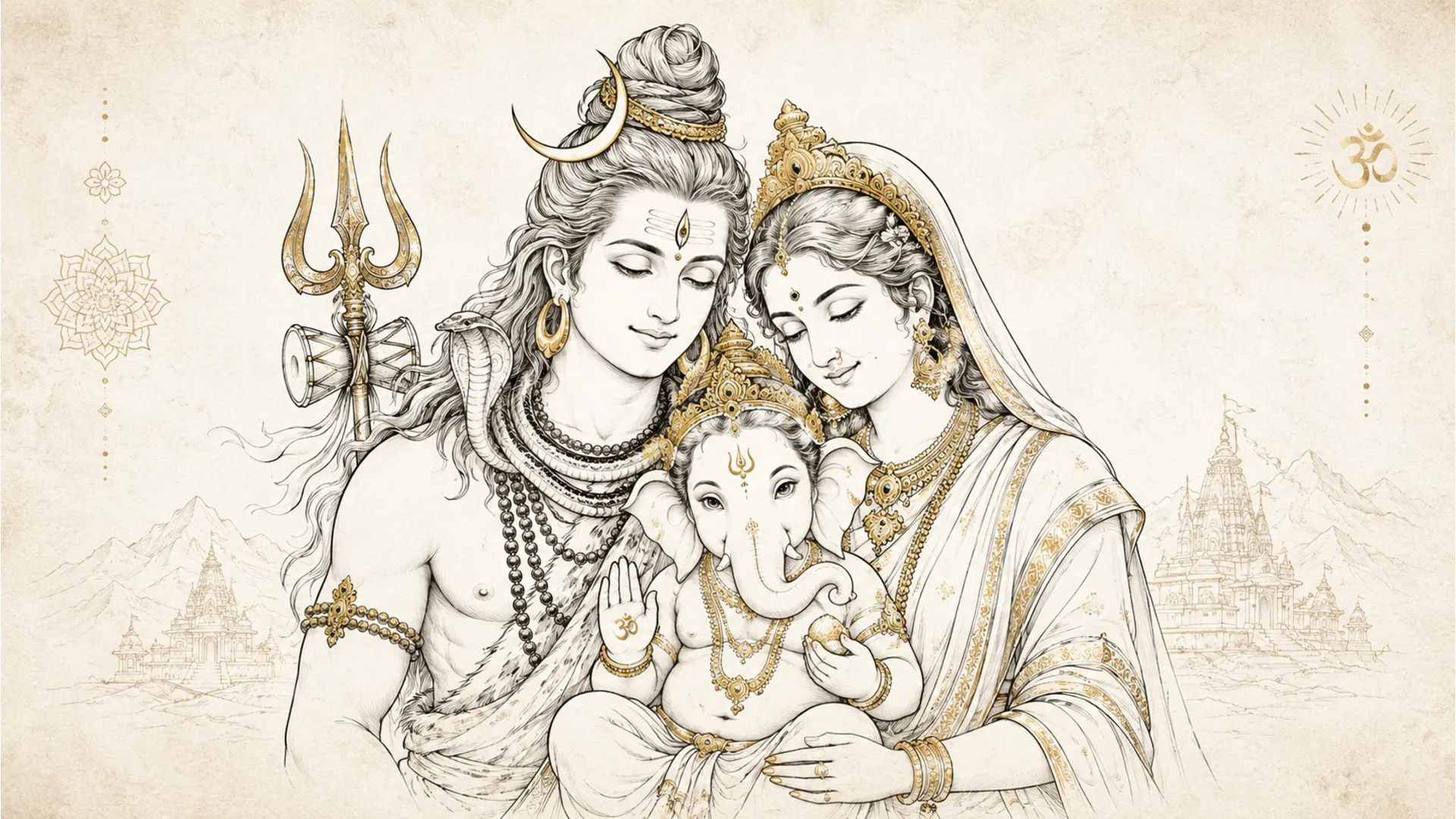 Elegant minimalist traditional line art illustration of Shiva family with gold accents