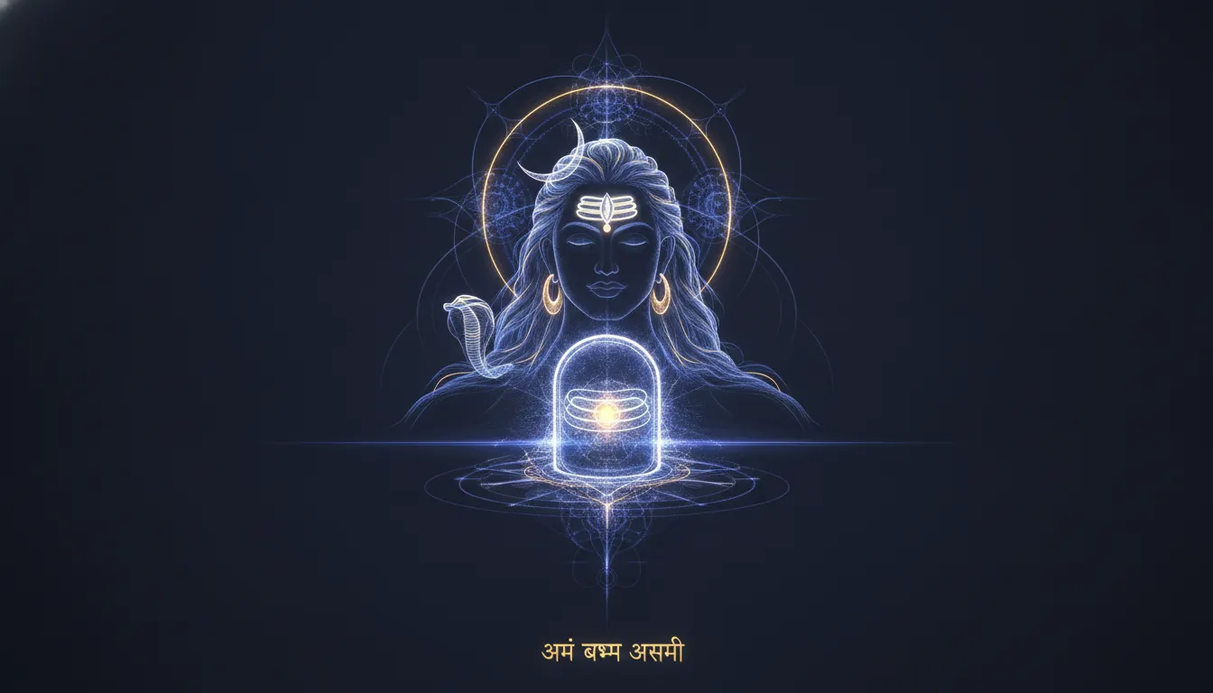 A modern abstract line art of Lord Shiva silhouette with a glowing electric blue and purple neon Shivling.