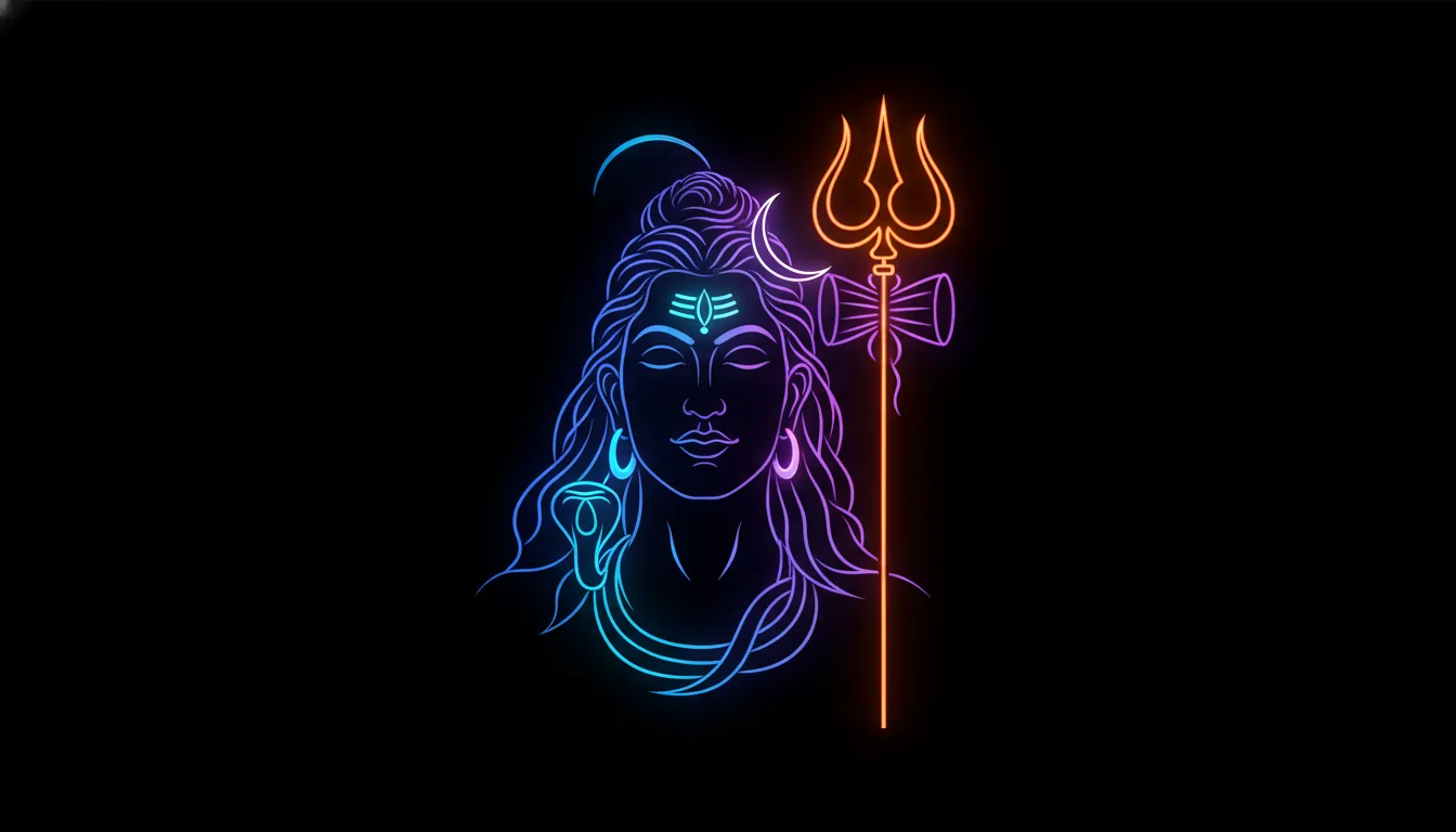 Modern abstract neon line art illustration of Lord Shiva for mobile wallpaper.