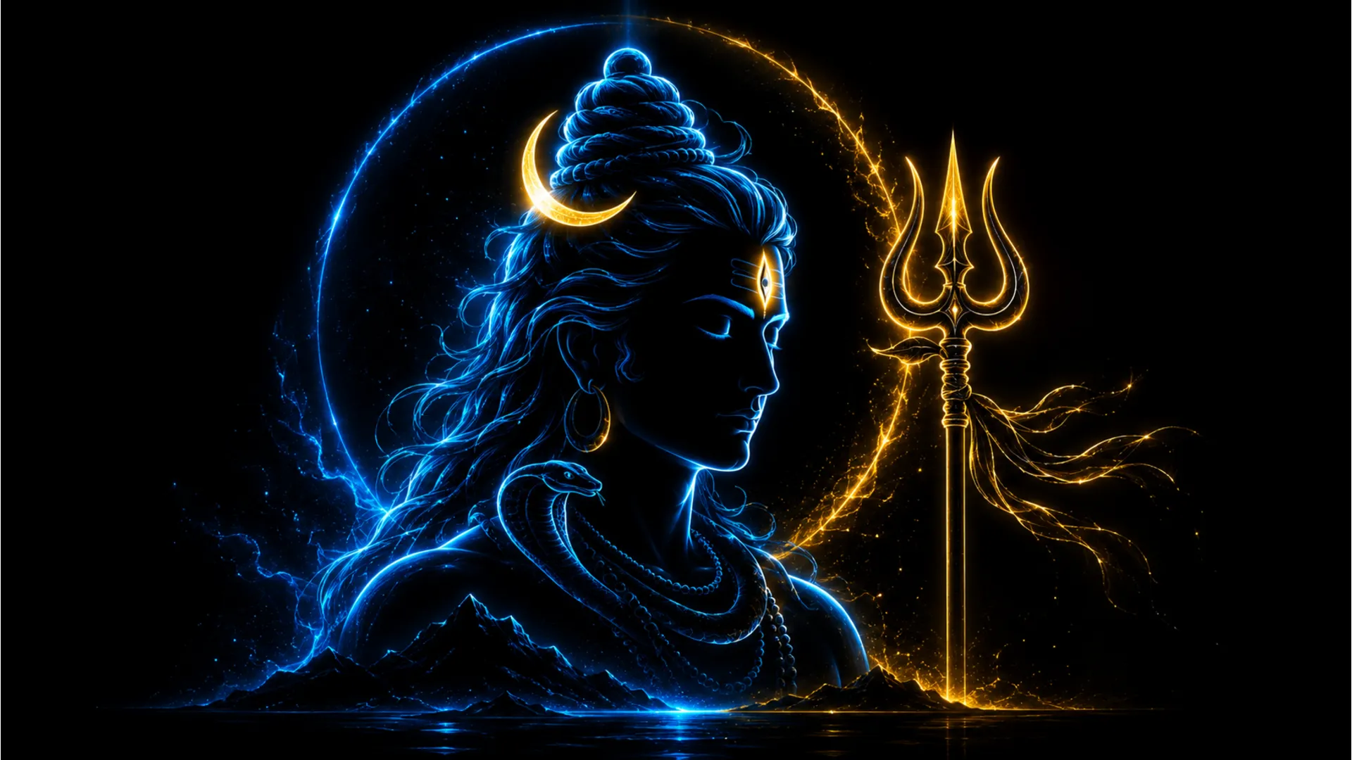 Modern abstract line art of Lord Shiva using glowing blue and gold neon lines.