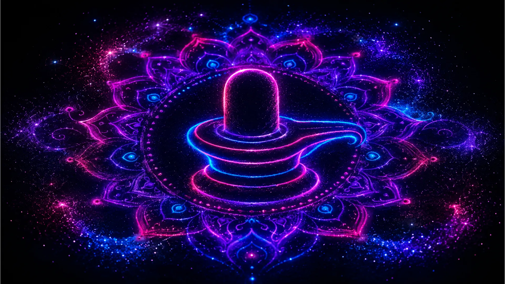 Abstract full HD digital concept art of a modern glowing neon rangoli depicting a Shivling with cosmic star dust patterns.