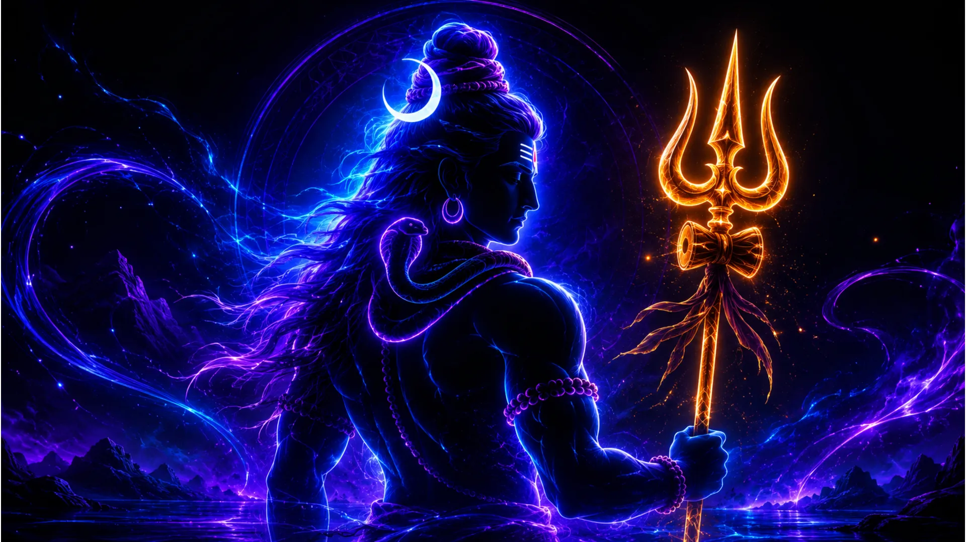 Modern abstract digital art of Har Har Mahadev ke photo with neon lighting.