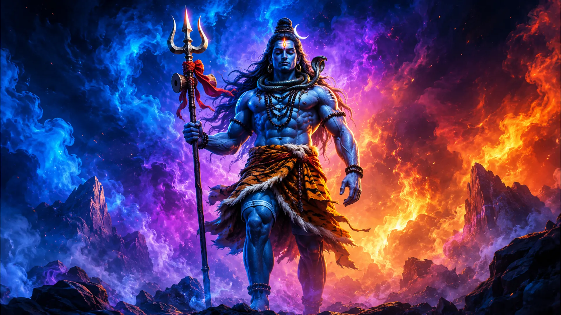 Modern abstract digital art of Lord Shiva standing tall with smoke and light effects
