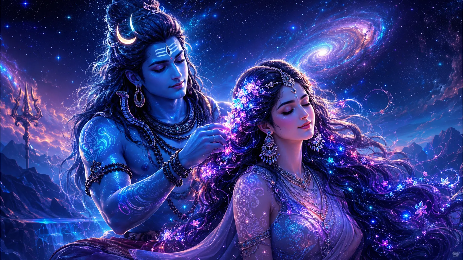 Modern digital painting of Lord Shiva placing glowing magical flowers in Parvati hair with cosmic stars background.