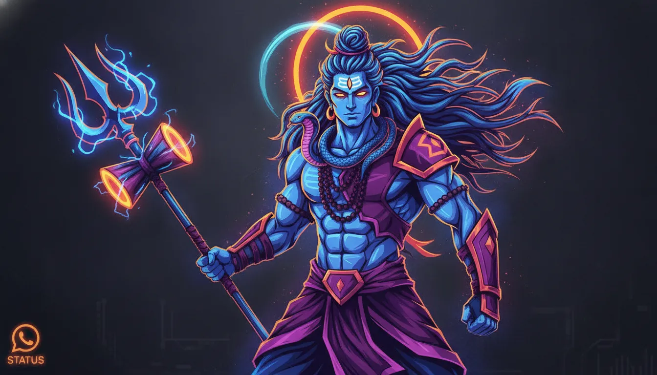 Modern digital neon art of Lord Shiva with futuristic lighting and trending Mahakal shayari.