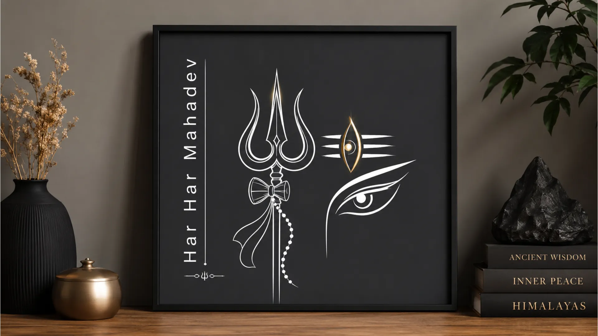 Modern minimalist black border har har mahadev photo frame with neon line art