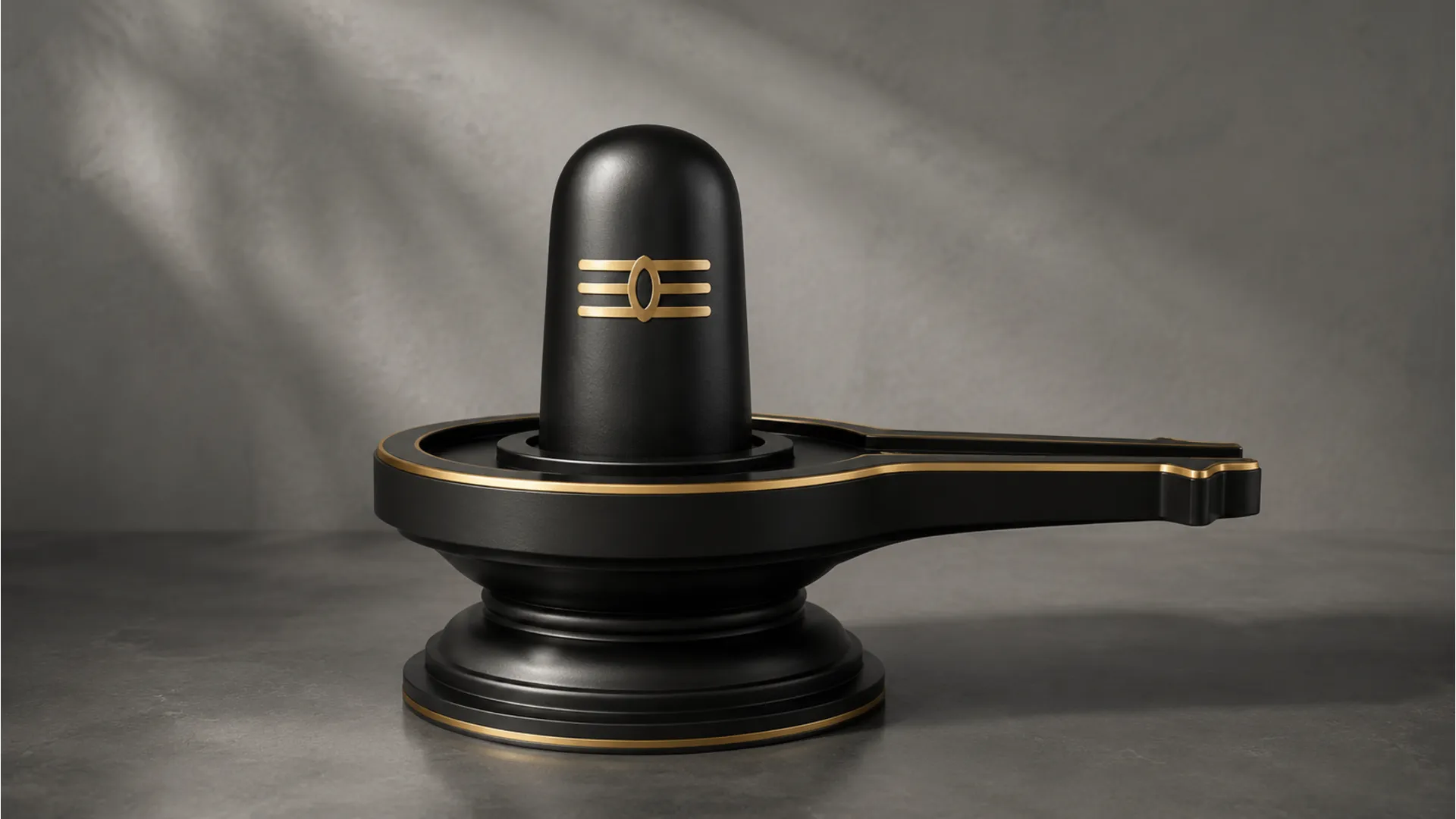 Elegant modern minimalist Shivling image photo made of matte black metal with gold trim