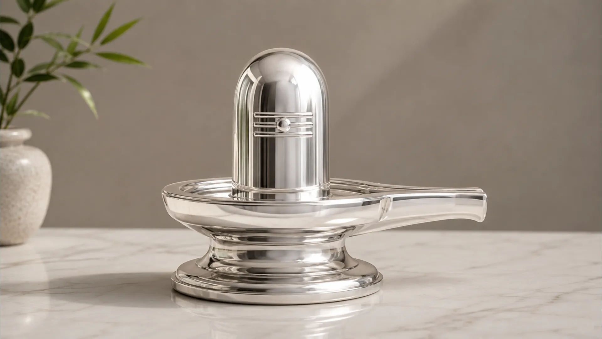A modern minimalist silver shivling with an incredibly smooth mirror-like polished surface and clean lines.