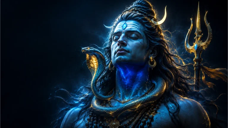 Modern digital art portrait of Lord Shiva featuring glowing neon blue and gold elements.