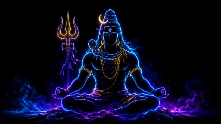 A modern abstract neon glowing silhouette of Lord Shiva in meditation, Har Har Mahadev photo download MP3.