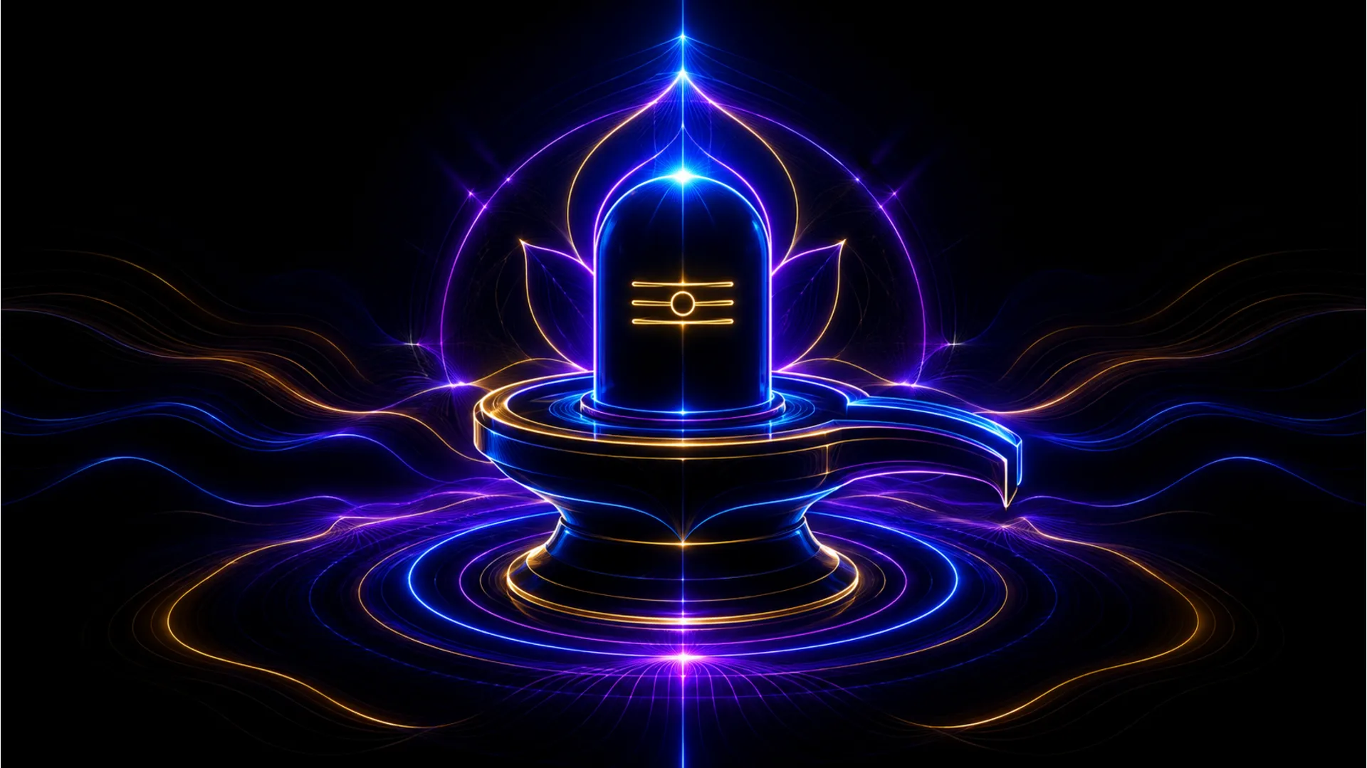 Abstract digital art of a Shivling made of glowing neon geometric lines on a dark background.