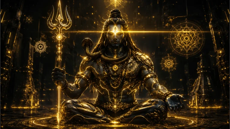 Futuristic har har mahadev gold photo with neon and cyberpunk elements.