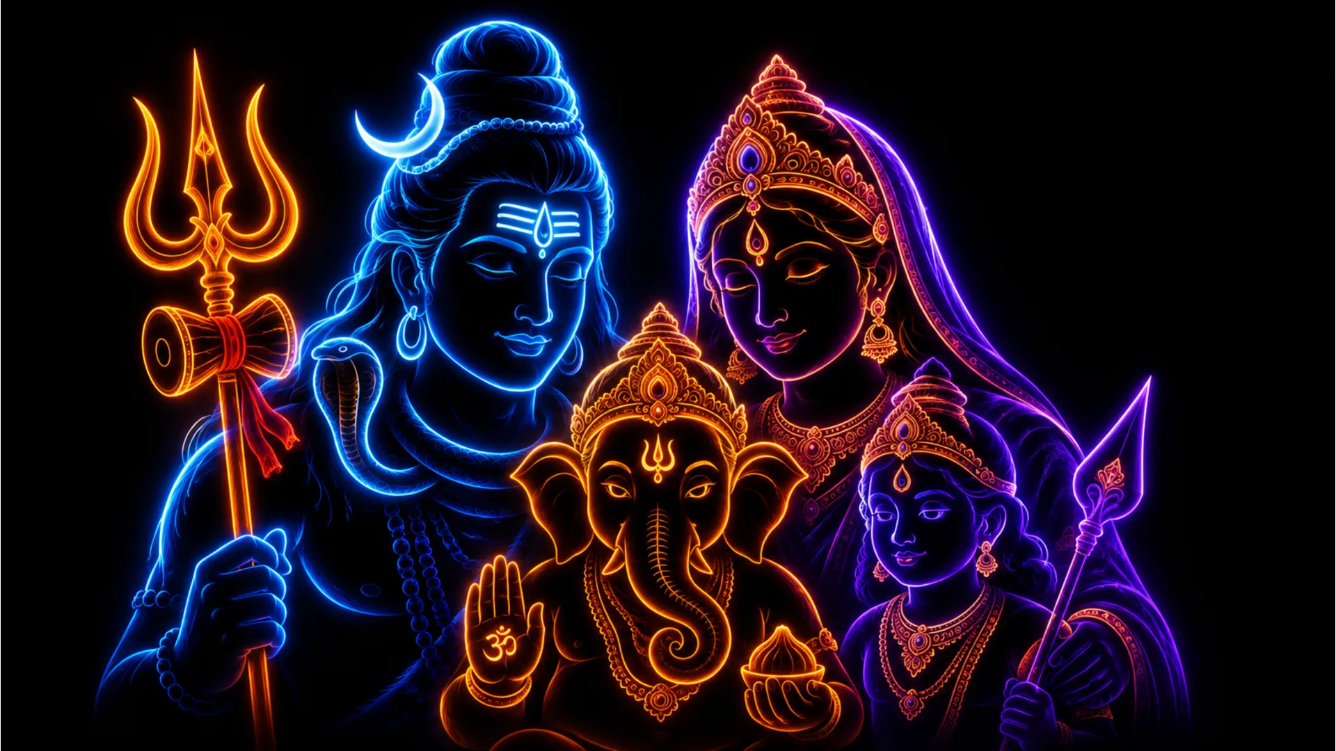 Modern neon and outline style Har Har Mahadev family photo HD for mobile lock screens.
